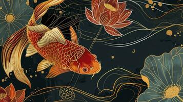 AI generated Luxury gold oriental style background. Chinese and Japanese wallpaper pattern design of elegant goldfish, lotus flowers with gold line. Design illustration for decoration, wall decor. photo