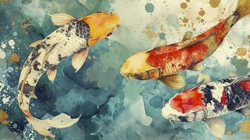 AI generated Asian background, Oriental Japanese style abstract pattern background design with koi fish decorate in watercolor texture photo