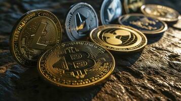 AI generated Symbolic cryptocurrency types represented as coins are lined up against dark background. photo