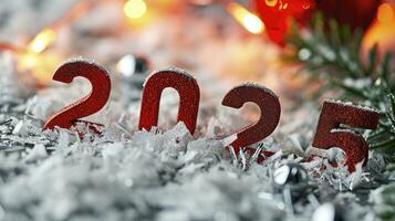 AI generated New year background with the numbers 2025 on the white ice light bokeh background photo