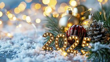 AI generated New year background with the numbers 2025 on the white ice light bokeh background photo