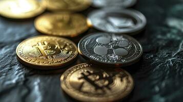 AI generated Symbolic cryptocurrency types represented as coins are lined up against dark background. photo