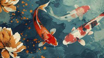 AI generated Asian background, Oriental Japanese style abstract pattern background design with koi fish decorate in watercolor texture photo