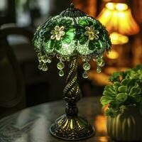 ai generado S t patrick's día conformado mesa lámpara, decorado con rosario en el mesa lámpara foto