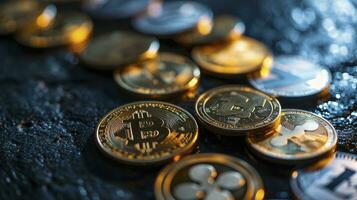 AI generated Symbolic cryptocurrency types represented as coins are lined up against dark background. photo