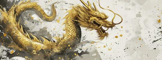 AI generated Golden dragon and gold brush strokes for the new year on a white background, in the style of ink wash collages, dark white and light gray,  enchanting watercolors. photo