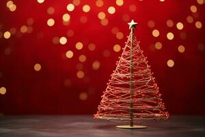 AI generated Red Christmas tree made up with paper clip and wire bokeh blurred background copy space photo