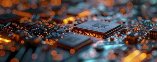 AI generated Printed circuit board futuristic server or Circuit board futuristic server code processing. Orange, green, blue technology background with bokeh. 3D Rendering photo