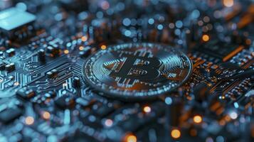 AI generated Crypt currency coin on a circuit board background. photo