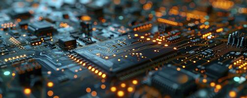 AI generated Printed circuit board futuristic server or Circuit board futuristic server code processing. Orange, green, blue technology background with bokeh. 3D Rendering photo