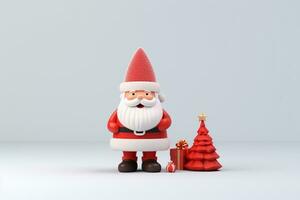 ai generado 3d prestados mínimo Papa Noel cláusula con Navidad árbol y regalos en pastel antecedentes foto