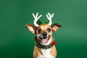 AI generated portrait of a cute puppy wearing a christmas reindeer headband photo