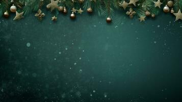 AI generated Christmas composition of fir tree branches with baubles on green background photo