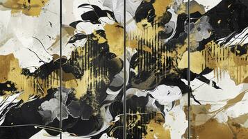 AI generated White, black and gold contemporary artistic Japanese ukiyo-e, folding screen ambience, abstract, elegant, delicate and luxurious retro dramatic graphic design elements photo