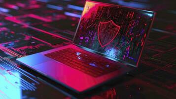 AI generated Laptop with shield, Cyber Security concept. 3D laptop and cloud data under the protection. Cybersecurity, antivirus, encryption, data protection. Software development. photo