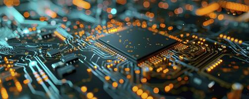 AI generated Printed circuit board futuristic server or Circuit board futuristic server code processing. Orange, green, blue technology background with bokeh. 3D Rendering photo