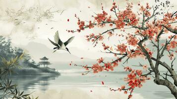 AI generated Chinese and Japanese style Water Botanical Graphic Frame photo