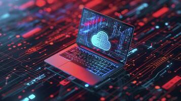 AI generated Laptop with shield, Cyber Security concept. 3D laptop and cloud data under the protection. Cybersecurity, antivirus, encryption, data protection. Software development. photo