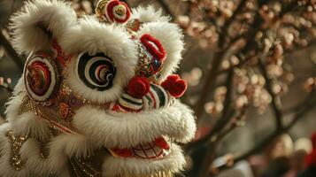 AI generated Chinese traditional lion dance costume performing at a temple in China, Lunar new year celebration, Chinese New Year photo