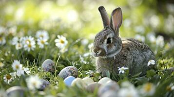 ai generado adorable conejito con Pascua de Resurrección huevos en florido prado foto