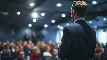 AI generated Business and entrepreneurship symposium. Speaker giving a talk at business meeting. Audience in conference hall. Rear view of unrecognized participant in audience. photo