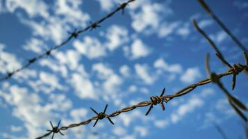 AI generated Barbed wire in front of blue sky with cloud photo