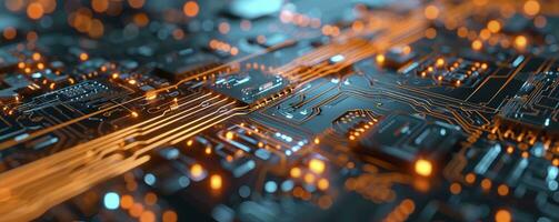 AI generated Printed circuit board futuristic server. Circuit board futuristic server code processing. Orange, green, blue technology background with bokeh. 3D Rendering photo
