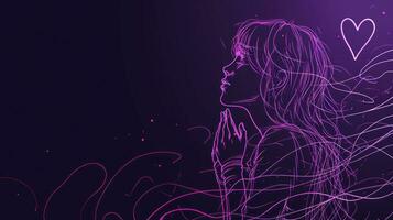 AI generated Simple glowing purple line drawing of a girl praying, heart for Valentine Day, simple, black and white, black colors background, copy space. photo