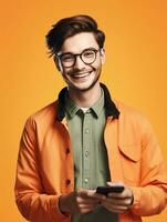 AI generated young man smiling while holding smartphone in his hand photo