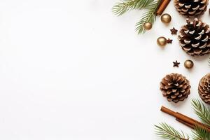 ai generado Navidad composición de abeto árbol ramas con regalos en blanco de madera antecedentes foto