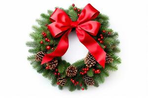 AI generated Christmas Wreath Made of Pine Branches and bauble on white background photo