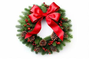 AI generated Christmas Wreath Made of Pine Branches and bauble on white background photo