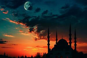 AI generated islamic background of silhouette islamic mosque at night with moon on blue sky photo