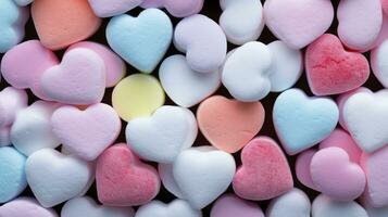 AI generated Background of brightly colored candy hearts for Valentine's Day. photo