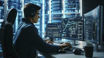 AI generated Professional IT Programer Working in Data Center on Desktop Computer with Three Displays, Doing Development of Software and Hardware. Displays Show Blockchain, Data Network Architecture photo
