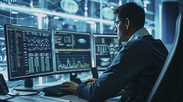 AI generated Professional IT Programer Working in Data Center on Desktop Computer with Three Displays, Doing Development of Software and Hardware. Displays Show Blockchain, Data Network Architecture photo