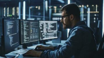 AI generated Professional IT Programer Working in Data Center on Desktop Computer with Three Displays, Doing Development of Software and Hardware. Displays Show Blockchain, Data Network Architecture photo