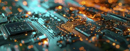 AI generated Printed circuit board futuristic server Circuit board futuristic server code processing. Orange, green, blue technology background with bokeh. 3D Rendering photo