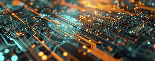 AI generated Printed circuit board futuristic server Circuit board futuristic server code processing. Orange, green, blue technology background with bokeh. 3D Rendering photo