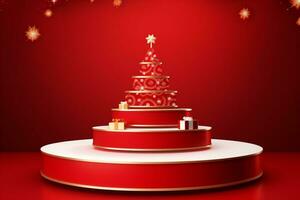 AI generated merry Christmas 3d rendered red Podium display for event photo