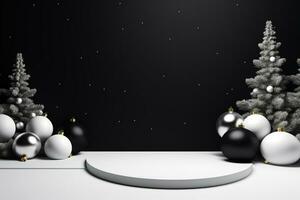 AI generated merry Christmas 3d rendered black and white Podium display for event photo