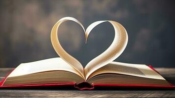 ai generado abierto libro en corazón forma en biblioteca mesa para mundo libro día y enamorado día foto