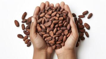 AI generated Overhead shot of womans hands holding cocoa beans isolated on white background photo