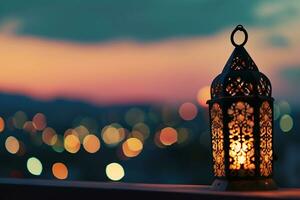 AI generated lantern with dusk sky and city bokeh light background photo