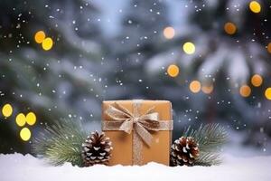 AI generated Christmas gift boxes with shiny lights background Copy space on snowy background photo