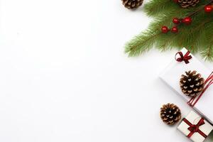 ai generado Navidad composición de abeto árbol ramas con regalos en blanco de madera antecedentes foto