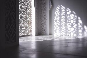 AI generated Islamic background light with mosque window ornament scene photo