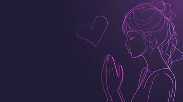 AI generated Simple glowing purple line drawing of a girl praying, heart for Valentine Day, simple, black and white, black colors background, copy space. photo