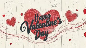 AI generated Valentine Day greeting card template with typography text Happy Valentine's Day and a red heart and line on the background illustration. photo