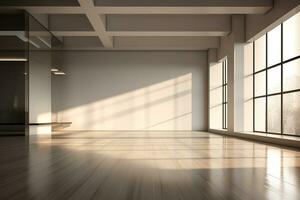 AI generated 3d rendered Modern Hall Interior Background Empty room with a huge window. minimal with copy space photo